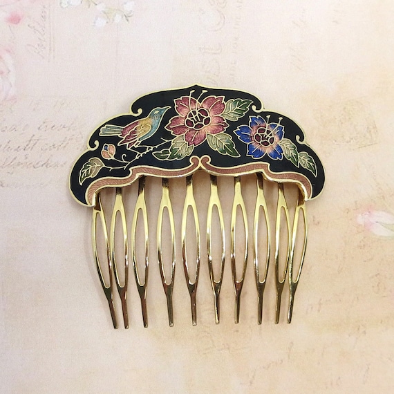 Vintage Cloisonne Hair Comb, Vintage Enamel Hair C