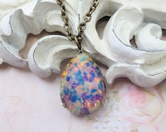 Pink Fire Opal Necklace Harlequin Glass Opal Necklace NEW LARGER SIZE Jewelry Gift