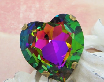 Heart Ring Swarovski Crystal Vitrail Rainbow Large Rhinestone Ring Large Crystal Cocktail Ring