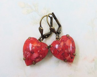 Coral Heart Earrings Pink Coral Matrix Heart Earrings Victorian Earrings Jewelry Gift