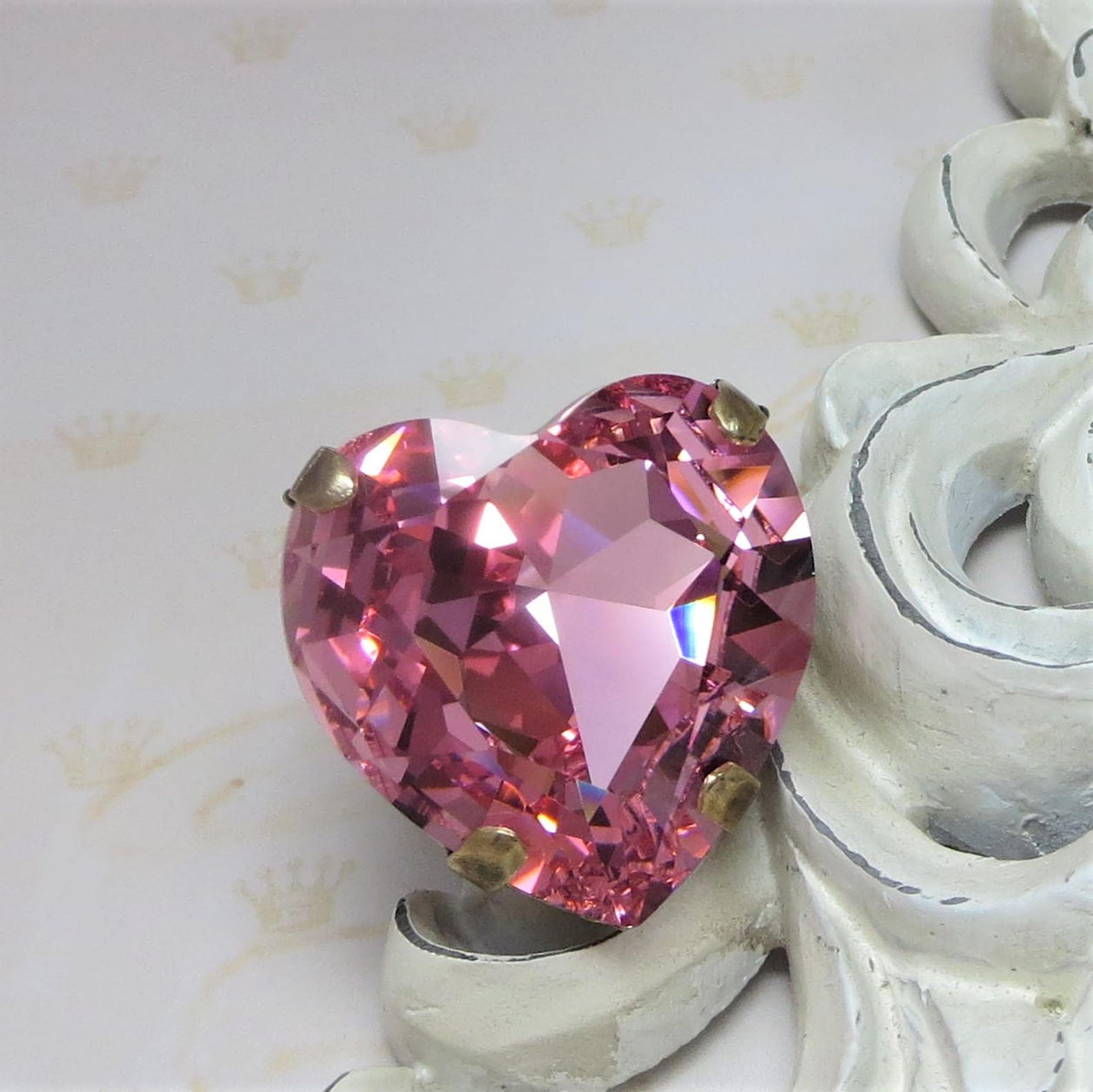 Heart Ring Swarovski Crystal Medium Rose Pink Rhinestone Ring Etsy