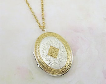 Gold Silver Locket Bicolor Locket Oval Locket Jewelry Gift