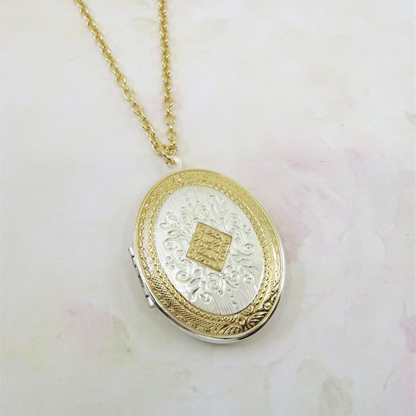 Gold Silver Locket Bicolor Locket Oval Locket Jewelry Gift