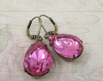 Pink Crystal Earrings Rose Earrings Vintage Glass Jewels Victorian Earrings Jewelry Gift