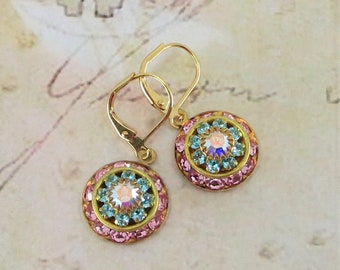 Victorian Earrings Rose Pink Turquoise Earrings Crystal Earrings Jewelry Gift