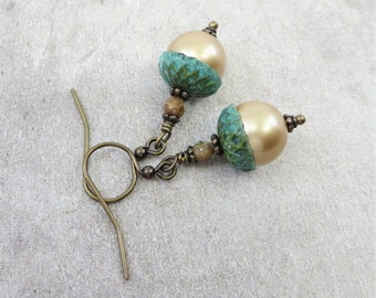 Pearl Acorn Earrings Vintage Gold Verdigris Acorns Rustic Nature Wedding Fall Autumn Jewelry Gift