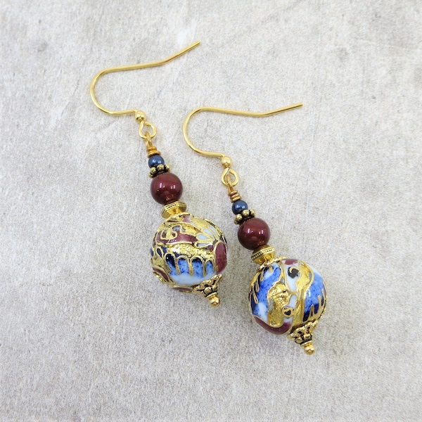 Cloisonne Earrings Vintage Chinese Cloisonne Champleve Earrings Gold Jewelry Gift