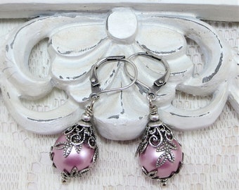 Vintage Rose Pearl Earrings Pink Rose Earrings Victorian Bridal Wedding Jewelry Gift COLOR CHOICES Valentine's Day