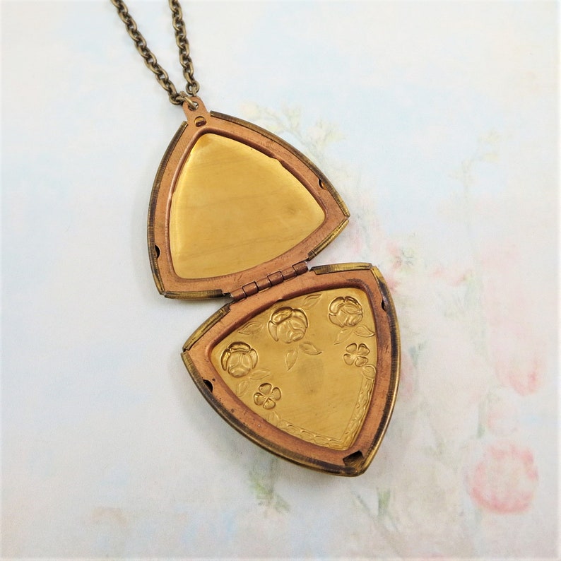 Vintage Locket Triangle Locket Rose Flower Locket Art Deco Etsy