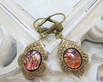 Red Fire Opal Earrings Ruby Red Opal Earrings RARE Vintage Glass Jewels Boho Glam Victorian Jewelry Gift