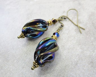 Rainbow Iridescent Glass Beads Oil Slick Beaded Earrings Jewelry Gift