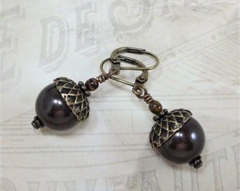 Pearl Acorn Earrings Dark Brown Forest Rustic Nature Wedding Fall Autumn Jewelry Gift