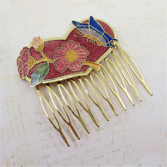 Vintage Cloisonne Hair Comb Red Vintage Enamel He… - image 5