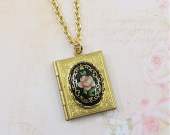 Pink Rose Book Locket, Gold Book Locket, Flower Book Locket, Pink Rose Cameo, Cadeau