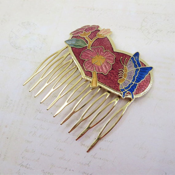 Vintage Cloisonne Hair Comb Red Vintage Enamel He… - image 6