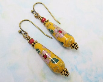 Cloisonne Teardrop Earrings Vintage Chinese Cloisonne Beaded Earrings Yellow Red Jewelry Gift