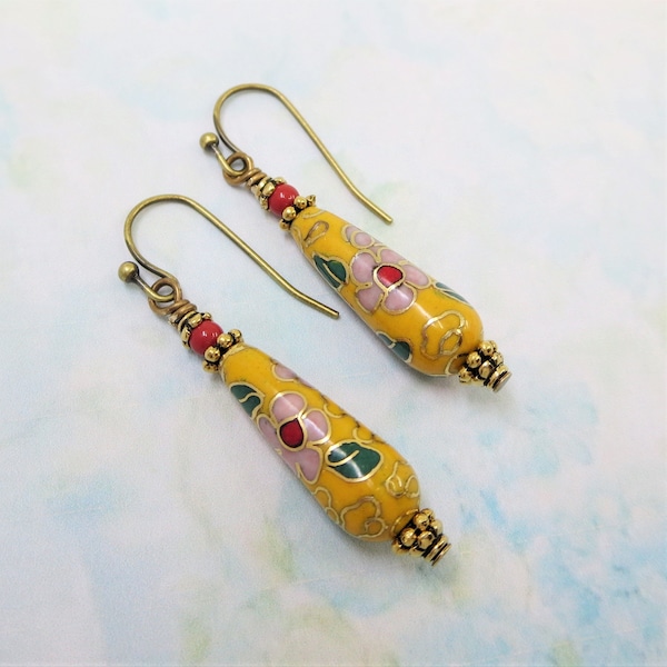 Cloisonne Teardrop Earrings Vintage Chinese Cloisonne Beaded Earrings Yellow Red Jewelry Gift