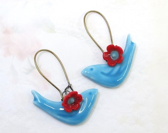 Turquoise Blue Porcelain Bird Earrings, Bird Jewelry, Bluebird Earrings, Blue Bird Earrings, Gift