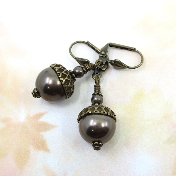 Pearl Acorn Earrings, Brown Acorn Jewelry, Fall Autumn, 40+ Pearl Color Choices