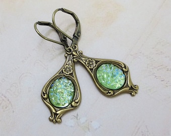 Peridot Green Sugar Stone Earrings, Peridot AB, Victorian Earrings
