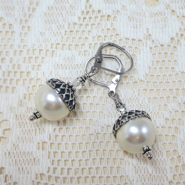 Pearl Acorn Earrings Sterling Silver Swarovski Cream Pearls Rustic Nature Wedding Fall Autumn Jewelry Gift