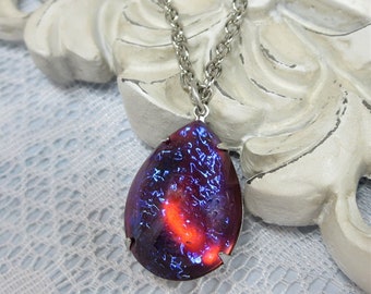 Mexican Opal Necklace Dragons Breath Necklace LARGER SIZE Pendant Glass Opal Jewelry Gift