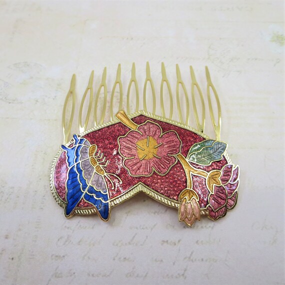 Vintage Cloisonne Hair Comb Red Vintage Enamel He… - image 8