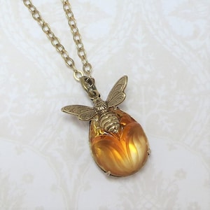 Bee Necklace Pendant Honey Bee Necklace Topaz Vintage Glass Jewels Fall Autumn Jewelry Gift November Birthstone