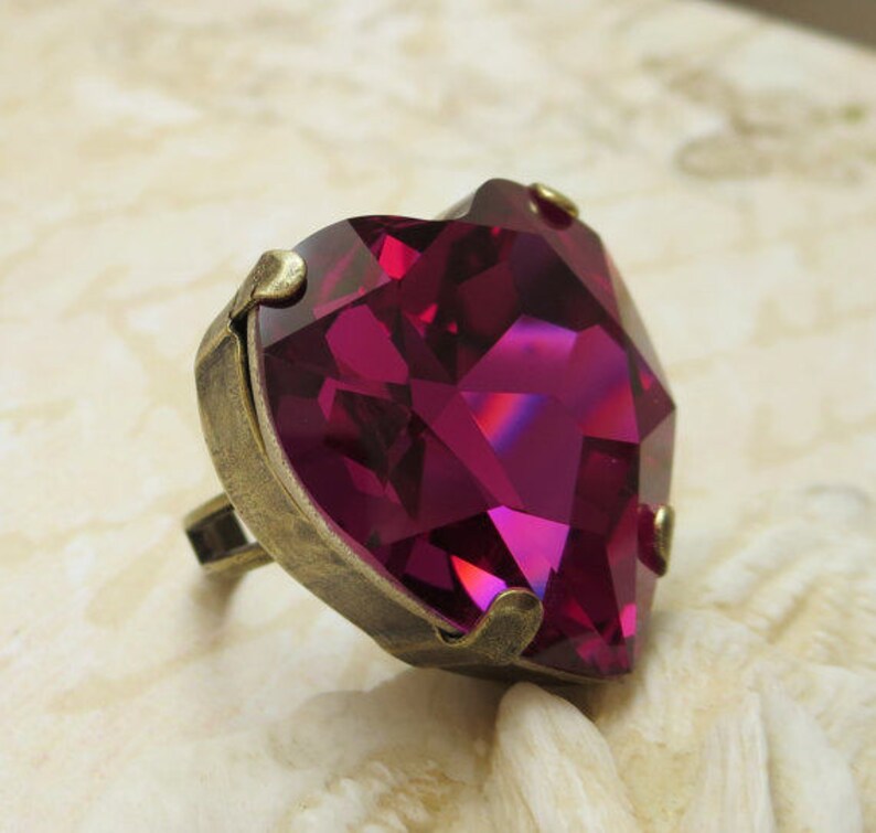 Heart Ring Swarovski Crystal Fuchsia Rhinestone Ring Large Etsy