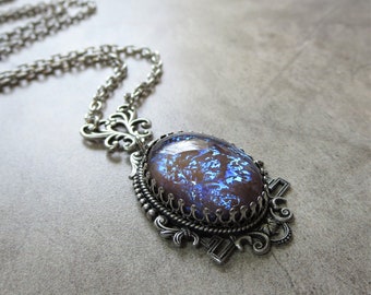 Tanzanite Fire Opal Necklace Pendant Tanzanite Glass Opal Necklace Victorian Jewelry Gift