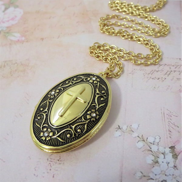 Cross Locket, Religious Locket, Christian Jewelry, Vintage Locket, Gift