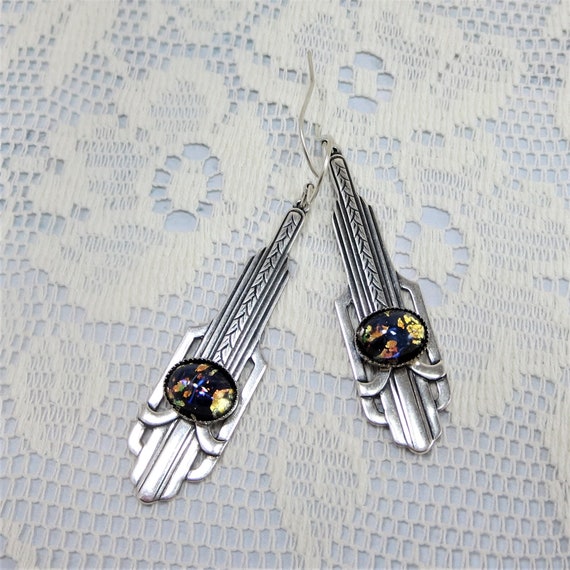 Art Deco Earrings Art Deco Jewelry Black Fire Opal Earrings | Etsy