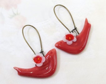 Red Porcelain Bird Earrings, Bird Jewelry, Red Birds, Gift, ONLY PAIR