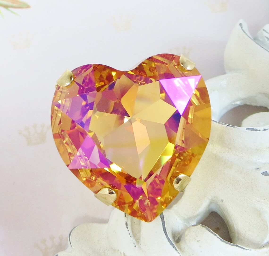 Heart Ring Swarovski Crystal Pink Rhinestone Ring Large Etsy