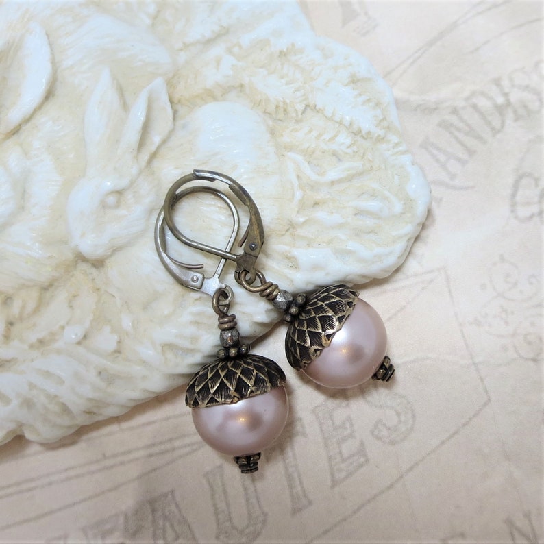 Pearl Acorn Earrings Rustic Nature Wedding Fall Autumn Jewelry Gift