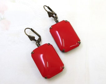 Red Earrings, Lipstick Red Earrings, LARGE Earrings, Vintage Glass Jewels, Jewelry, Gift