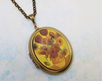 Sunflowers Locket Vincent Van Gogh Art Glass Locket Large Oval Photo Cameo Locket Van Gogh Jewelry Gift