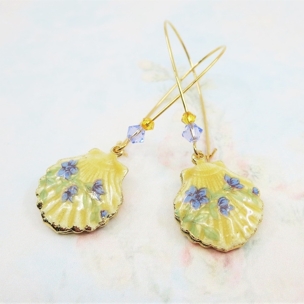 LAST ONES Sea Shell Earrings Vintage Guilloche Enamel Sea Shells Yellow Lavender Roses Jewelry Gift