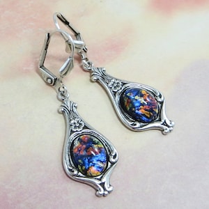 Black Opal Earrings Black Fire Opal Earrings Vintage Glass Jewels Jewelry Gift Fantasy Mystical