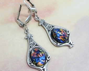 Black Opal Earrings Black Fire Opal Earrings Vintage Glass Jewels Jewelry Gift Fantasy Mystical
