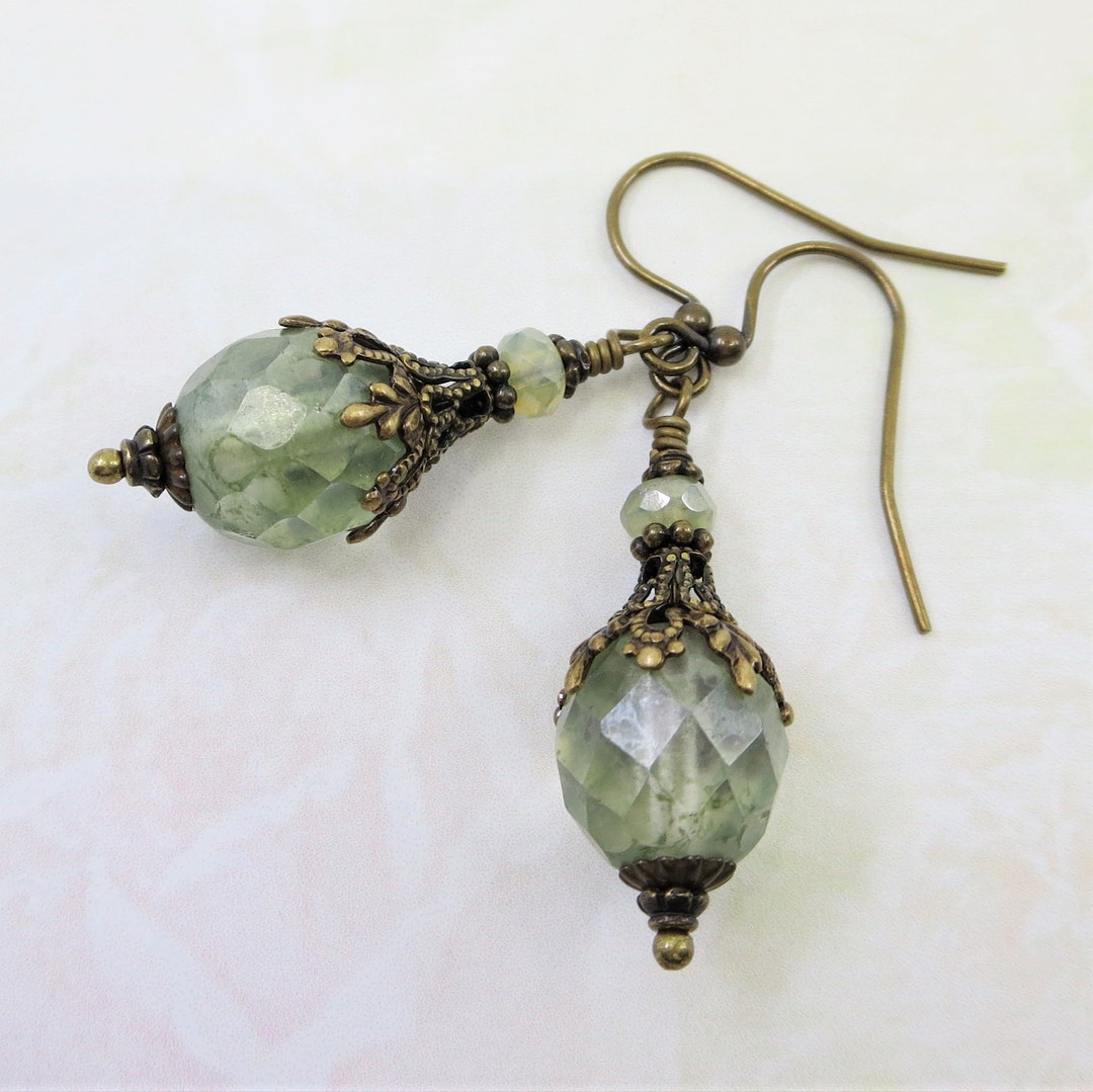 Sage Green Earrings Czech Glass Bead Earrings Green Victorian Etsy