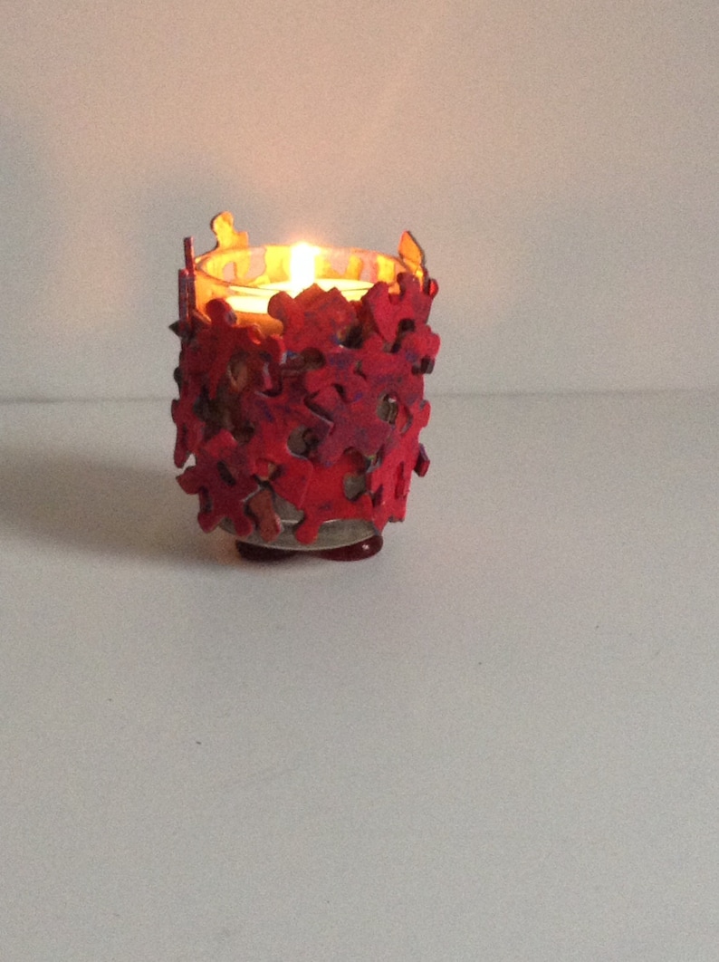 Red Votive Candle Holder Made of Jigsaw Puzzle Pieces Etsy