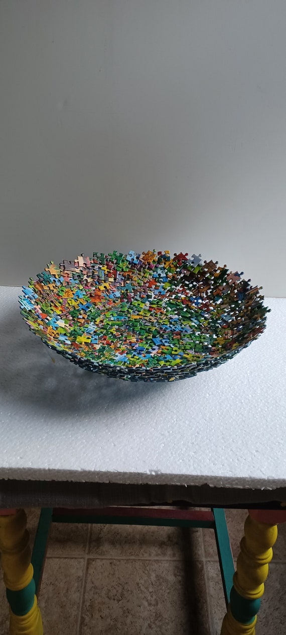 Large Decorative Multi Colored Jigsaw Puzzle Bowl Etsy