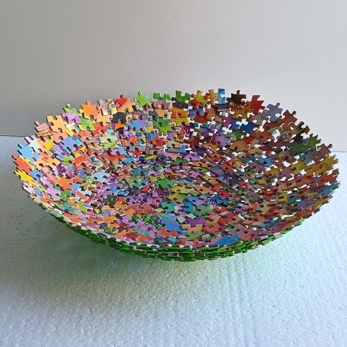 Large Decorative Multi Colored Jigsaw Puzzle Bowl Etsy