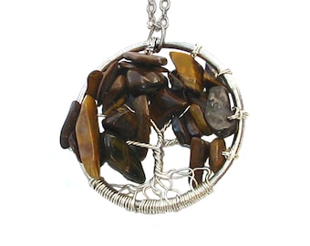 Pendentif Arbre De Vie En Pierre œil De Tigre - Chaîne Argent 925 Massif - Occasion Bon état