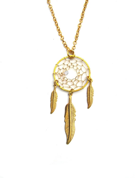 Gold Dream Catcher Feather Boho Tribal Peace Quirky Hollow Pendant Necklace 