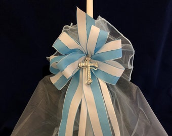 Delux Baptismal Candle Blue White Silver Cross