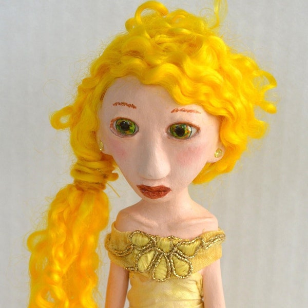 OOAK Art Doll, Sculpted Paper Clay Art Doll, Handmade Doll, Yellow Teeswater Locks, Aurelia