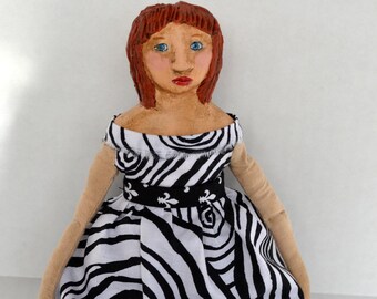 Handmade Cloth Art Doll: "Hazel" Cotton Primitive Folk Doll