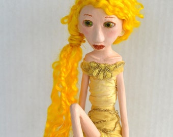 OOAK Art Doll, Sculpted Paper Clay Art Doll, Handmade Doll, Yellow Teeswater Locks, Aurelia